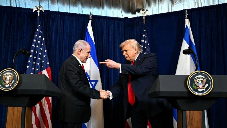 U.S. President Donald Trump and Israeli Prime Minister Benjamin Netanyahu arrive to speak to journalists during a joint press conference at Trump’s Mar-a-Lago residence in Palm Beach, Florida, United States, on Dec. 29, 2025. Jim Watson / AFP via Getty Images