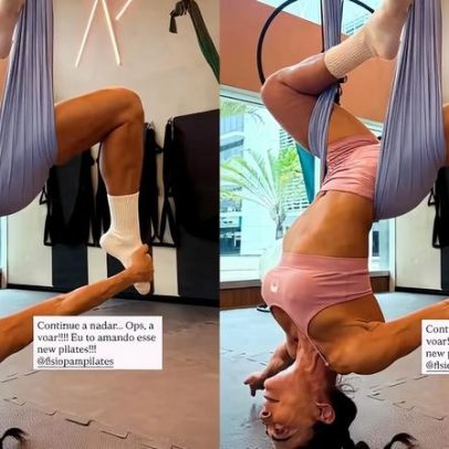 Juliana Paes testa pilates aéreo e faz pose de cabeça para baixo