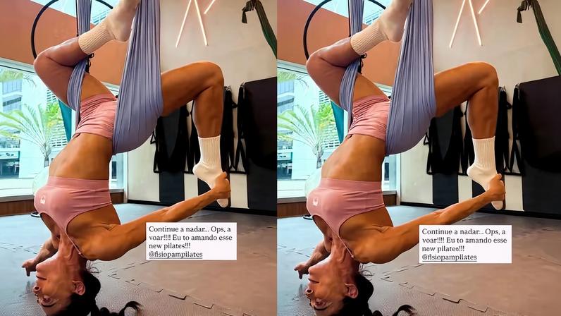Juliana Paes testa pilates aéreo e faz pose de cabeça para baixo