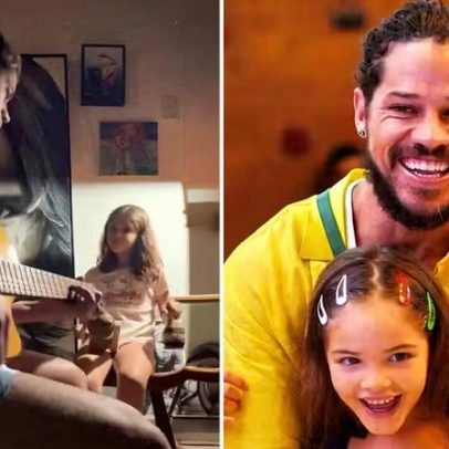 José Loreto canta e toca com a filha de 7 anos na percussão