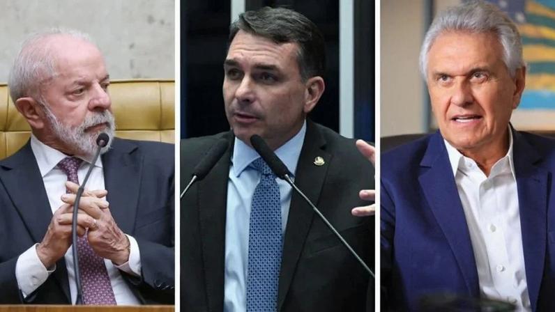 O presidente Lula (PT), o senador Flávio Bolsonaro (PL) e o governador de Goiás, Ronaldo Caiado (PSD). Fotos: Gustavo Moreno/STF, Carlos Moura/Agência Senado e Divulgação