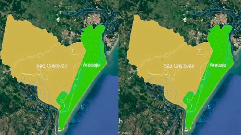 Mapas com atuais e os possíveis limites territoriais de Aracaju e São Cristóvão - Reprodução/Prefeitura de São Cristovão
