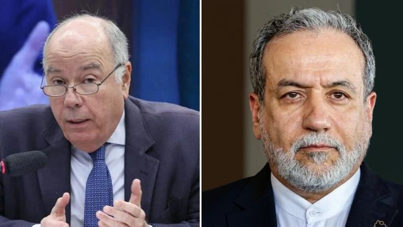 O ministro das Relações Exteriores, Mauro Vieira, e o chanceler do Irã, Abbas Araghchi. Fotos: Lula Marques/Agência Brasil e Anwar Amro/AFP
