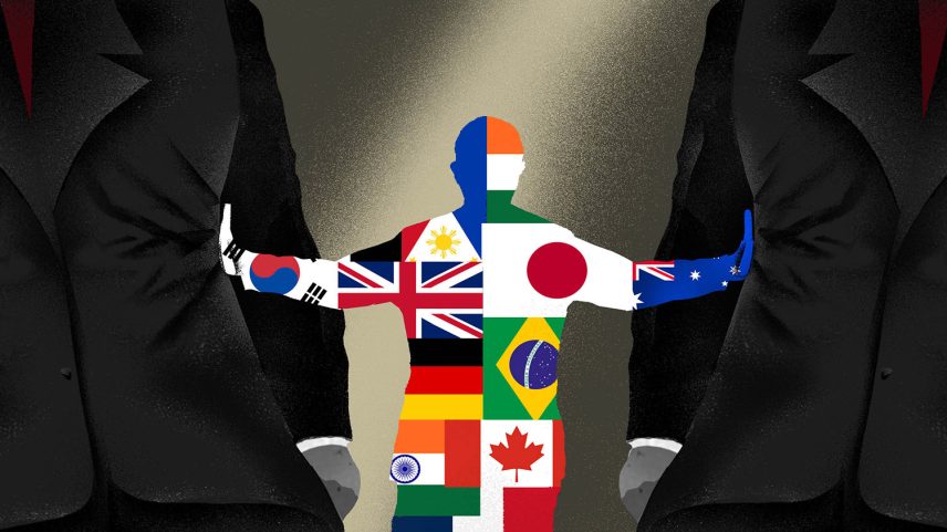 An illustration shows a figure made up of the flags of middle-power countries with both hands out pressed outward on two larger suited figures.