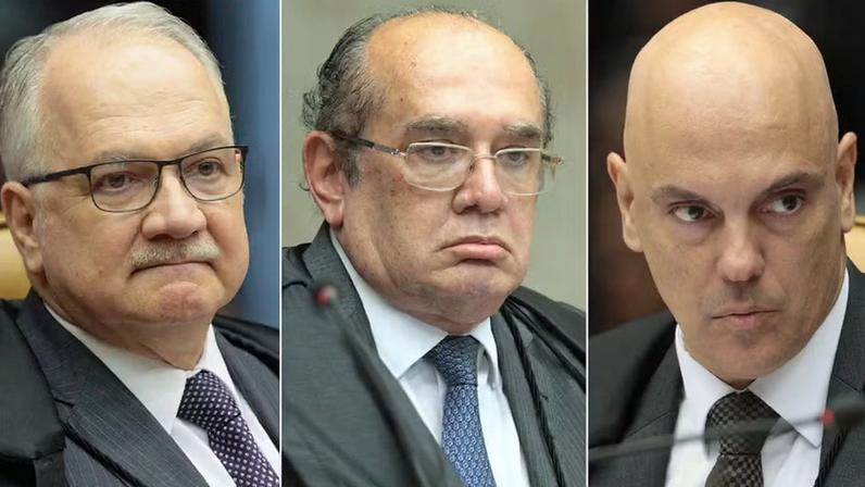 Ministros Fachin, Gilmar Mendes e Alexandre de Moraes durante julgamento do HC de Lula no STF — Foto: Carlos Moura/SCO/STF