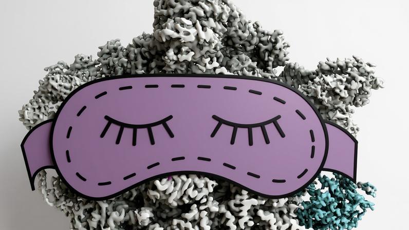 A 3D structural image of a ribosome wearing a cartoon sleep mask