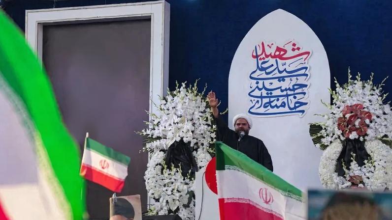 A speaker addresses a rally backing the appointment of Ayatollah Mojtaba Khamenei at Enghelab Square in central Tehran, Iran, on March 9.