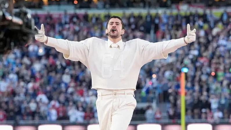 Bad Bunny performs during the Apple Music halftime show at Super Bowl LX.