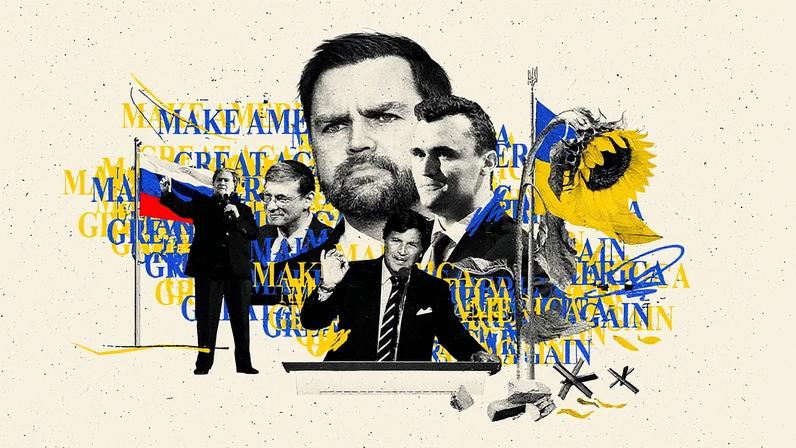 A collage illustration with images of JD Vance, Charlie Kirk, Tucker Carlson, Yoram Hazony, and Steve Bannon in combination with the flag of Ukraine and a sunflower at right and a Russian flag at left. All are atop a Make America Great Again background in Ukrainian colors.