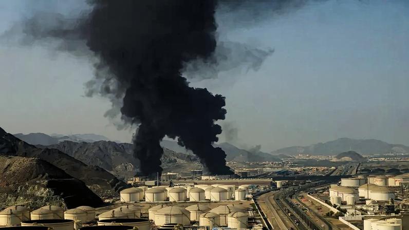 Plumes of smoke rise from an oil facility in Fujairah, the United Arab Emirates.