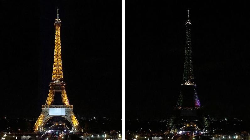 Two images of the Eiffel Tower at night with its lights on and then off