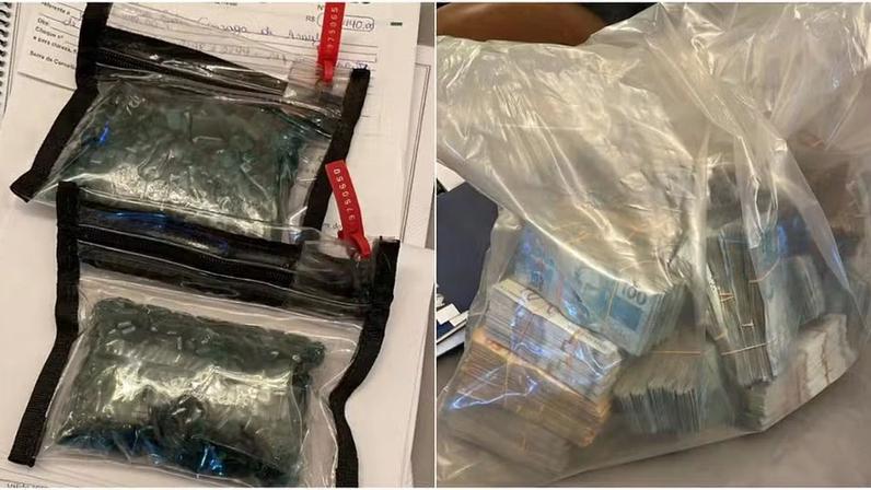 Pacote de esmeraldas e de dinheiro apreendidos na operação do MP — Foto: Reprodução/TV Globo