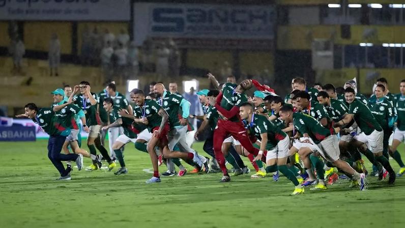 Jogadores do Palmeiras comemoram vitória sobre o Novorizontino, pelo Paulistão de 2026 (Foto: Joisel Amaral/GazetaPress)