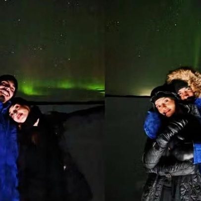 Giovanna Lancellotti posa com Gabriel David sob aurora boreal na Lapônia