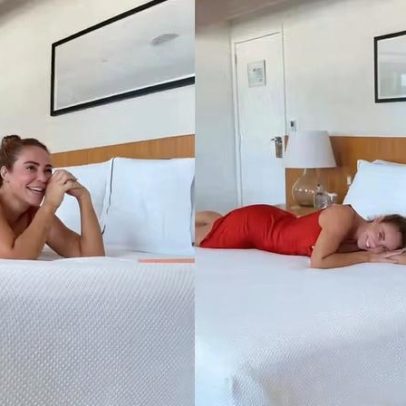 Paolla Oliveira aparece de vestido vermelho na cama e cita dia tranquilo