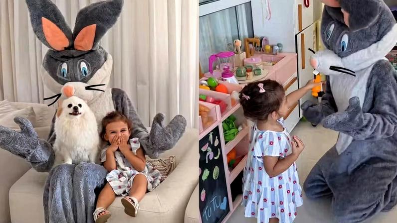 Amanda Kimberlly se veste de coelhinha da Páscoa para Helena, filha de Neymar