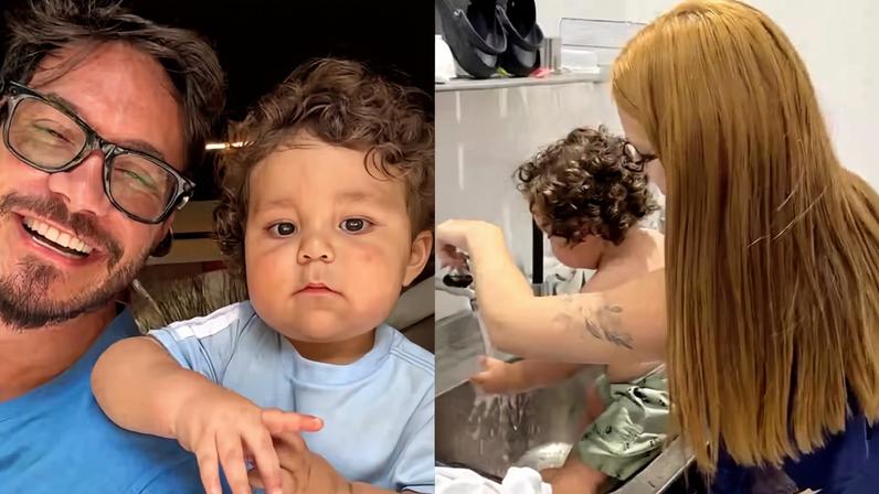 Eliezer exibe alegria do caçula Ravi ao tomar banho raiz de tanque