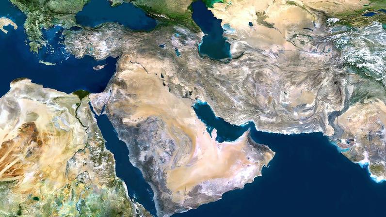 Middle East, true color satellite image. This image was compiled from data acquired by LANDSAT 5 & 7 satellites.