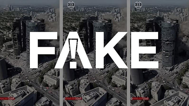 É #FAKE vídeo que mostra torres destruídas em Tel Aviv; cenas foram geradas por inteligência artificial e já viralizaram em 2025 — Foto: Reprodução