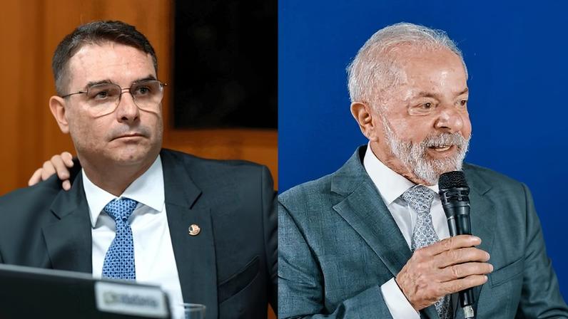 O senador Flávio Bolsonaro (PL) e o presidente Lula (PT), pré-candidatos à Presidência