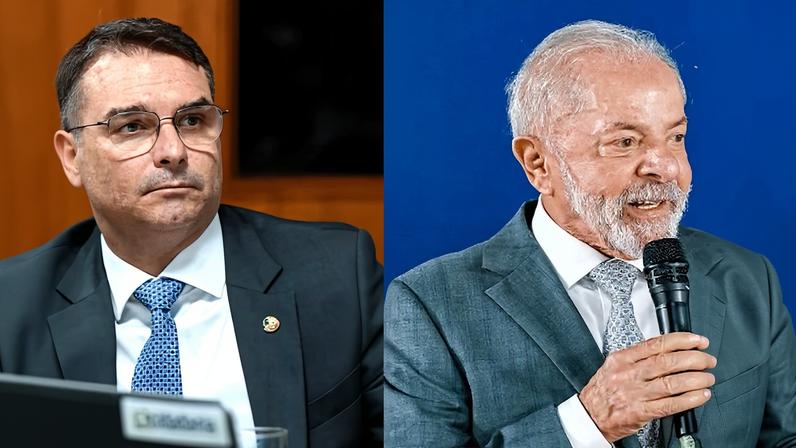O senador Flávio Bolsonaro e o presidente Lula, pré-candidatos à Presidência