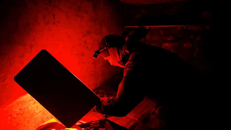 A Ukrainian soldier adjusts a Starlink satellite modem during a combat mission in Donetsk, Ukraine, on March 12, 2025.