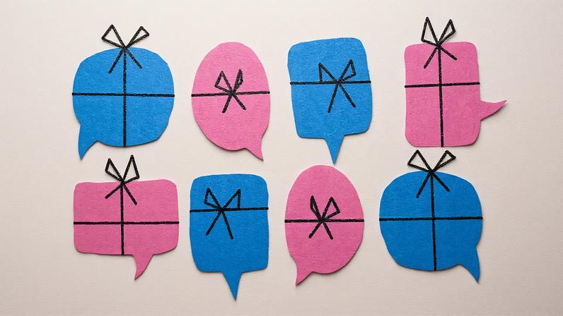 Several text bubbles with gift ribbons around them.