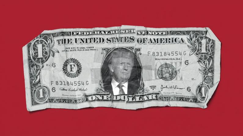 A dollar bill with Trump's name and photo on it.