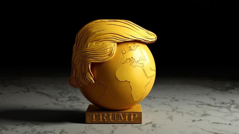 An illustration shows a golden globe on a pedestal labeled "Trump." The globe has Donald Trump's hair atop it, seen from the side in profile.