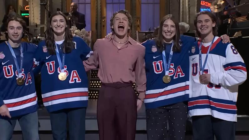Members of the US women's and men's hockey teams appeared alongside actor Connor Storrie on "Saturday Night Live."