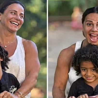 Viviane Araujo brinca de gangorra com o filho em fotos