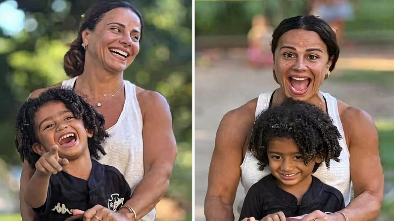 Viviane Araujo brinca de gangorra com o filho em fotos