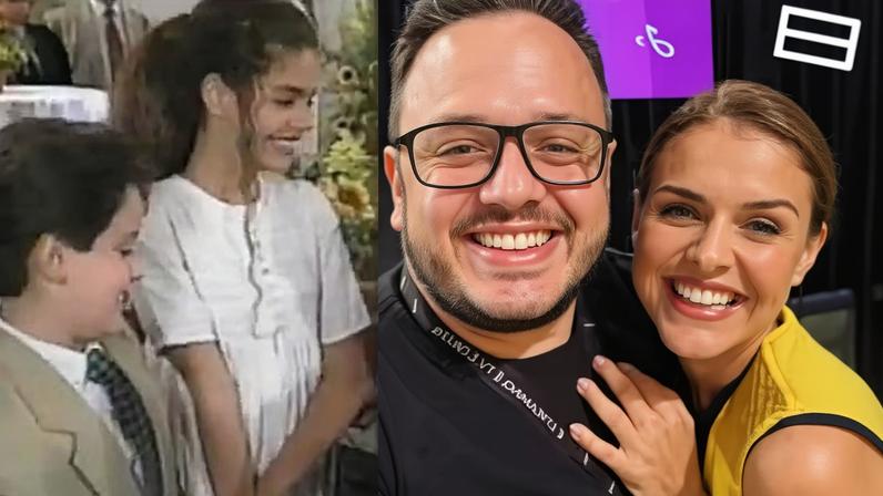 Murilo Troccoli e Paloma Bernardi em 'Colégio Brasil', em 1996, e em reencontro no 'Domingo Legal', em 2026 — Foto: Reprodução/Instagram