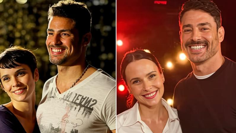 Débora Fabella e Cauã Reymond em 'Avenida Brasil' (Globo, 2012), como Nina e Jorginho, e com visual atual — Foto: Divulgação/TV Globo e Reprodução/Instagram