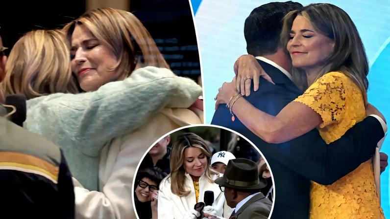 Savannah Guthrie is embraced by a colleague while visibly emotional.