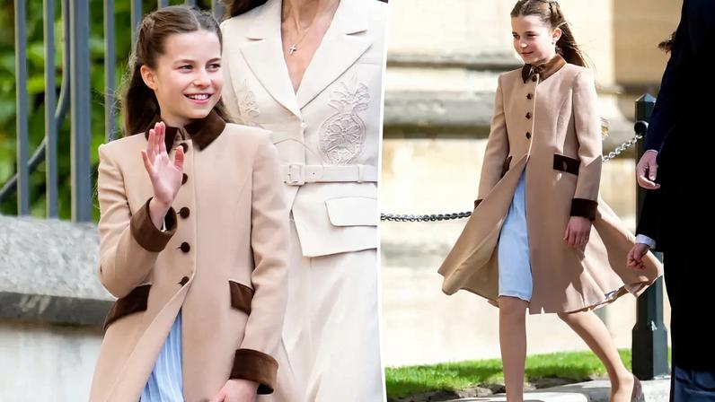 Princess Charlotte arrived at Easter service on Sunday wearing a pastel blue chiffon dress by Self-Portrait beneath her coat.
