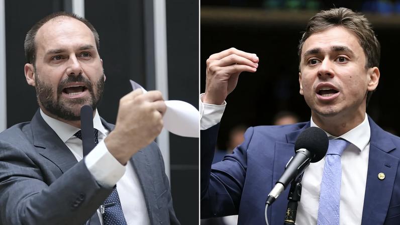 Eduardo Bolsonaro e Nikolas Ferreira voltaram a trocar acusações publicas. Desentendimento expõe racha no PL. Fotos: Zeca Ribeiro / Câmara dos Deputados e Kayo Magalhães/Câmara dos Deputados
