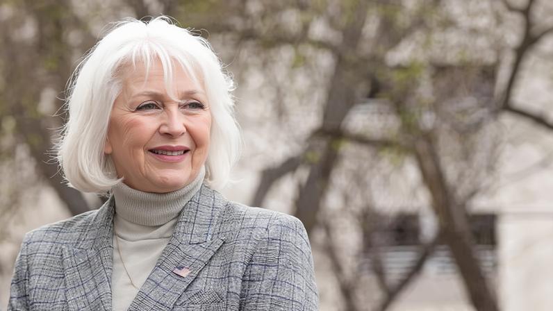 Tina Peters talks on the west steps of the state capitol on 5 April 2022 in downtown Denver.