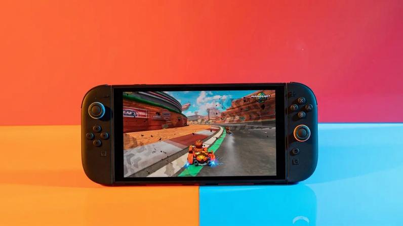 A photo of Mario Kart World running on a Nintendo Switch 2 in handheld mode.