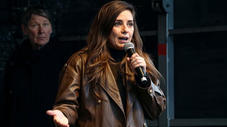 Collien Fernandes addresses a protest against online assaults against women on 26 March 2026 in Hamburg, Germany.