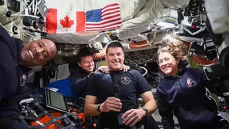 Artemis II astronauts Glover, Wiseman, Hansen and Koch inside Orion spacecraft during lunar flyby