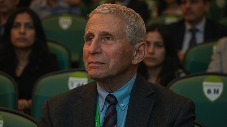 Anthony Fauci listens during the opening night of the New Orleans book festival at McAlister Auditorium on 27 March 2025 in New Orleans, Louisiana.