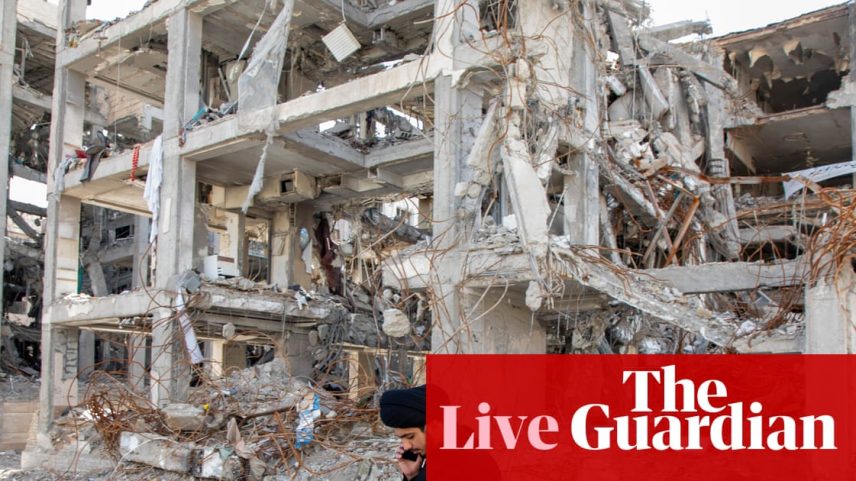 A man walks in Tehran among buildings destroyed in a joint attack by Israel and the US. Iran, which has effectively closed the strait of Hormuz, has been under daily attack since 28 February. Follow live for updates from the Iran war and wider Middle East conflict.