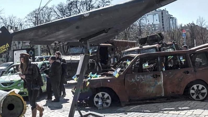Captured Shahed drone on display in Kyiv on Easter Sunday.