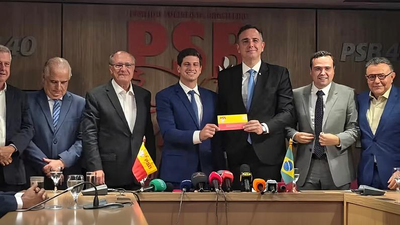 Pacheco durante filiação ao PSB em Brasília — Foto: Reprodução/PSB
