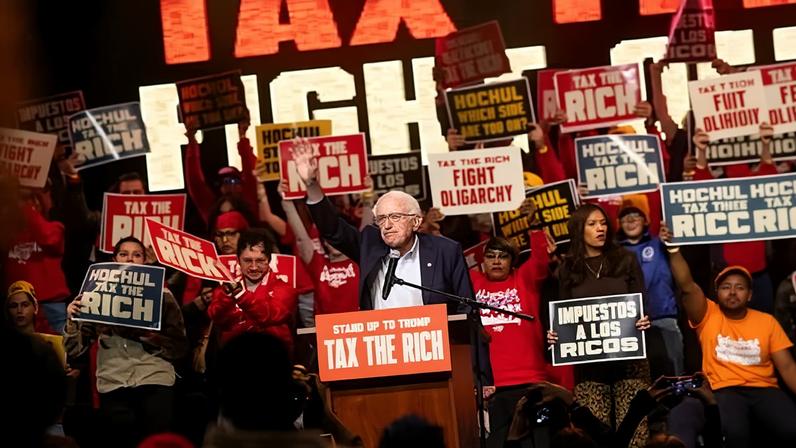 Senator Bernie Sanders speaks at a Tax the Rich rally hosted by the Democratic Socialists of America on 29 March 2026 in New York.