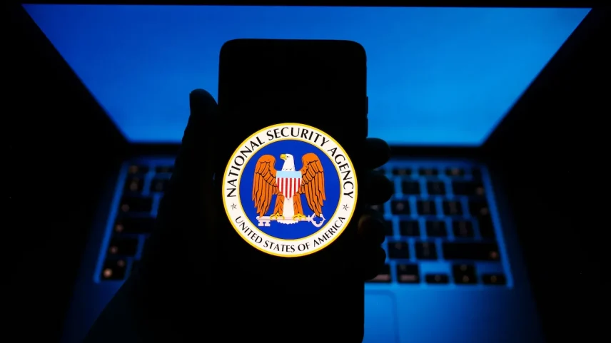 The National Security Agency seal is displayed on a mobile phone screen.