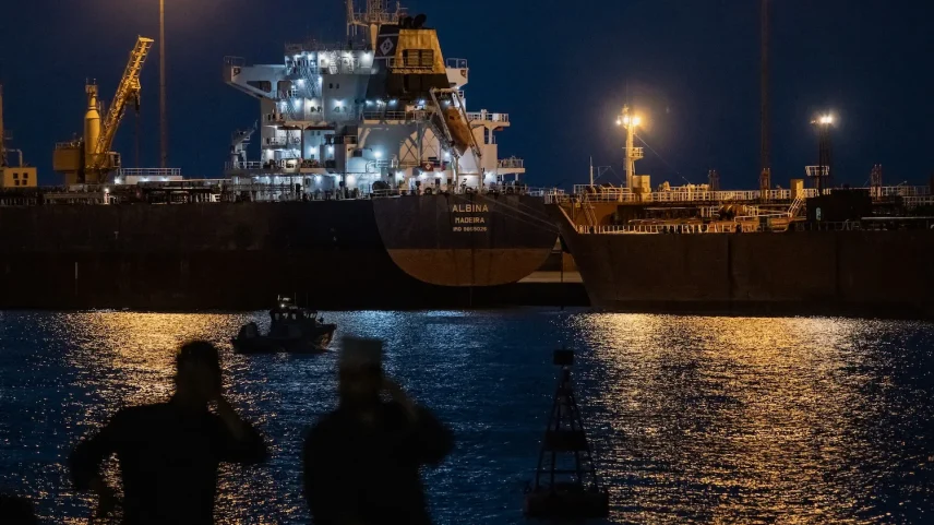 The Albina Bulk carrier sits anchored on March 22, 2026 at Sultan Qaboos Port in Muscat, Oman.