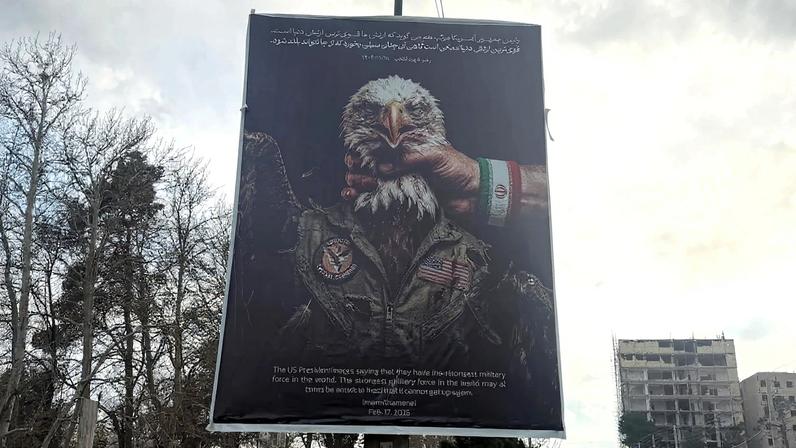 An anti-United States banner is seen displayed in Tehran.