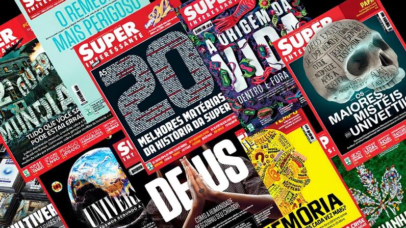 Mosaico composto com diversas capas da revista Superinteressante.